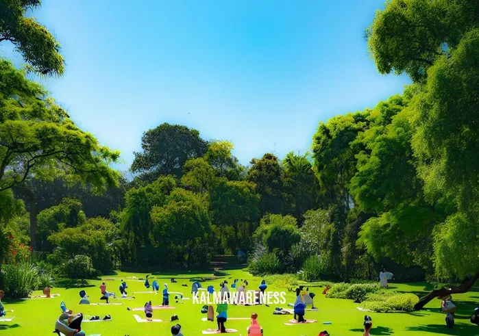 beyond breath online _ Image: A serene park with people engaged in mindful activities like yoga and meditation, surrounded by lush greenery and clear blue skies.Image description: The park offers solace as individuals engage in yoga and meditation, finding respite from the chaos of their daily lives in nature