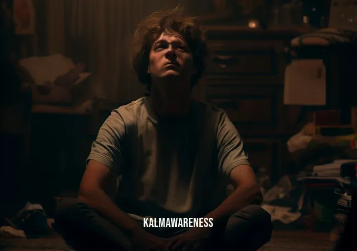 body moves on its own meditation _ Image: A person sits cross-legged on the floor in a cluttered, dimly lit room, looking tense and stressed.Image description: In a dimly lit room cluttered with objects, a person sits cross-legged on the floor, their face filled with tension and stress.