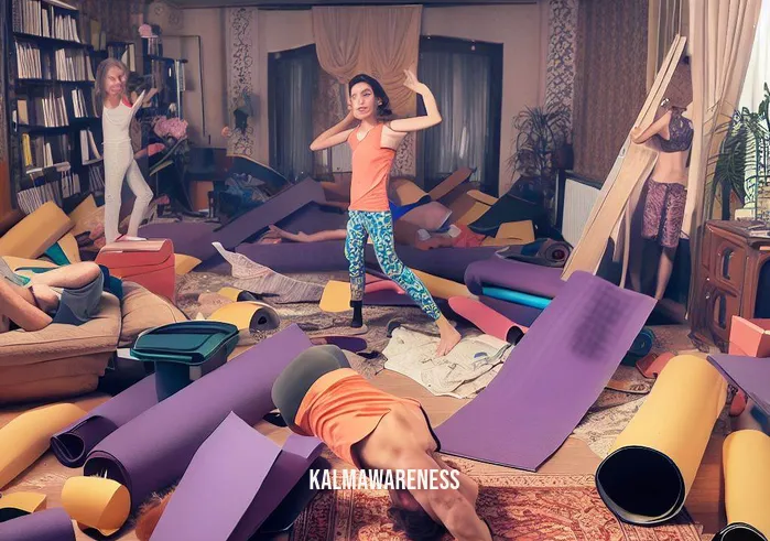 rouse yoga _ Image: A cluttered and chaotic living room with scattered yoga mats, overturned furniture, and frustrated-looking individuals in yoga attire.Image description: Amidst the clutter, people attempt to practice yoga in the chaotic living room. Mats are haphazardly placed, and the atmosphere exudes frustration and disarray.