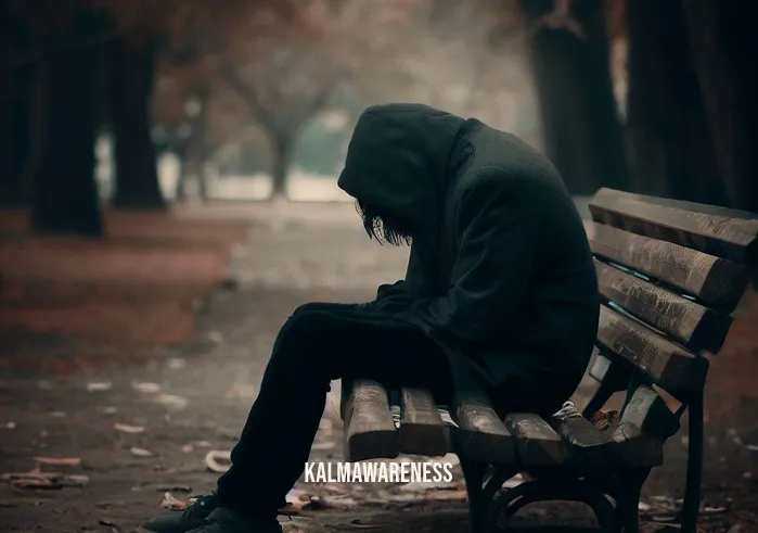 sadness meditation _ Image: A person sitting alone on a park bench, hunched over, with a gloomy expression. The surroundings are filled with muted colors and falling leaves.