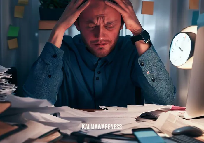 seven minute mind _ Image: A person sitting at a cluttered desk, surrounded by papers, with a frustrated expression, staring at a computer screen displaying a to-do list and a clock.Image description: Feeling overwhelmed by tasks and deadlines, struggling to focus amidst the chaos of a cluttered workspace.