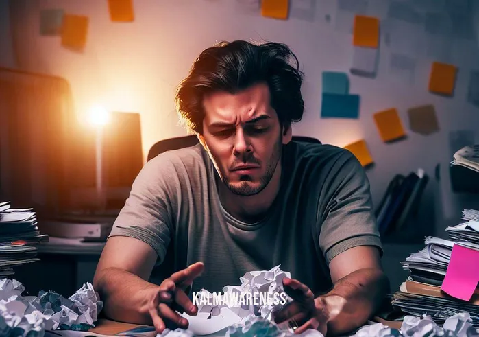 a thought is just a thought _ Image: A cluttered and chaotic workspace with papers scattered, a person looking frustrated.Image description: A cluttered desk filled with crumpled papers and scattered notes. A person sits in front, looking frustrated and overwhelmed.