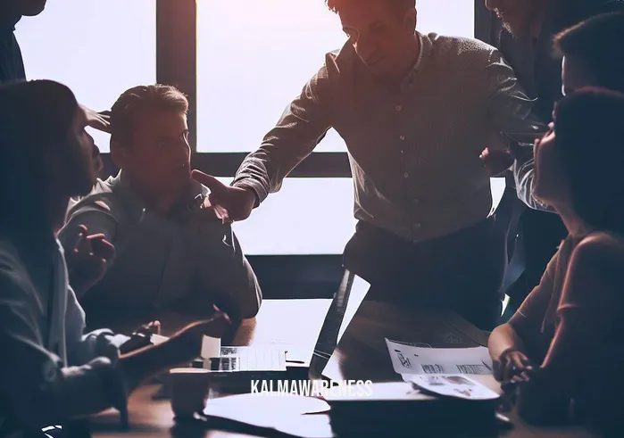 aandacht _ Image: A team of coworkers gathered around a conference table, engaged in a heated discussion. Image description: A tense meeting where employees are trying to find solutions to the productivity and focus issues.