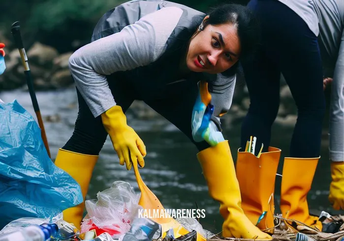 act leaves on a stream _ Image: Volunteers in gloves and waders gathering trash along the river. Image description: People in gloves and waders bending over to collect discarded items from the riverbank.