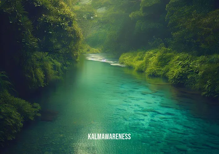 act leaves on a stream _ Image: A serene river with crystal-clear water and lush green surroundings. Image description: The once-polluted river now flows peacefully, surrounded by vibrant greenery.