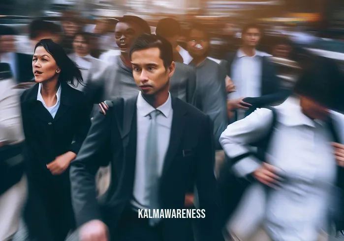 act meditation _ Image: A crowded and noisy city street during rush hour. Image description: Commuters in business attire, hurrying and stressed.