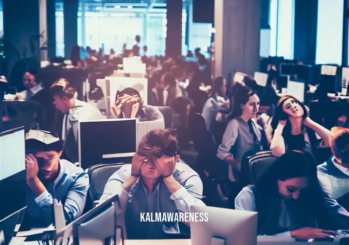 active pauses _ Image: A crowded office space with people sitting at their desks, looking stressed and fatigued.Image description: The office is filled with employees hunched over their computers, overwhelmed by work, and visibly tired.