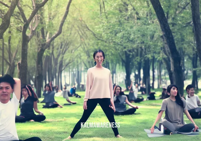active pauses _ Image: A park scene with people in activewear, engaged in a group yoga session.Image description: Employees from the office are now in a serene park, practicing yoga together, finding relaxation and balance.