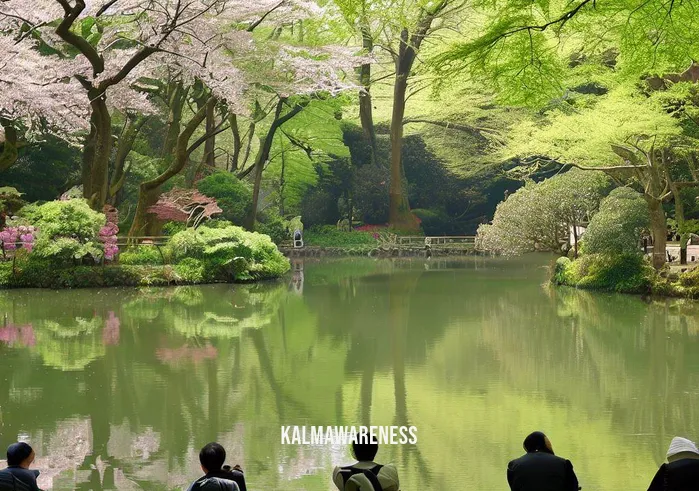 shifting meditation _ Image: A serene park with a pond, surrounded by trees in full bloom, and a few people sitting on benches, but their body language still appears tense.Image description: In contrast to the previous image, this scene shows a park with a tranquil pond and lush trees. However, the people sitting on benches seem to carry the residual stress from the city, their shoulders slightly hunched and brows furrowed despite the peaceful surroundings.
