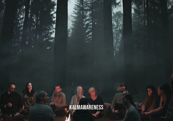 sit around the fire meditation _ Image: A group of people sitting on the ground in a forest clearing, surrounded by tall trees. The atmosphere is tense, and their faces show signs of stress and restlessness.Image description: Amidst the serene forest, a circle of individuals gathers around a crackling fire. Their eyes are closed, and their postures reflect a collective unease. The weight of their thoughts is palpable in the air.