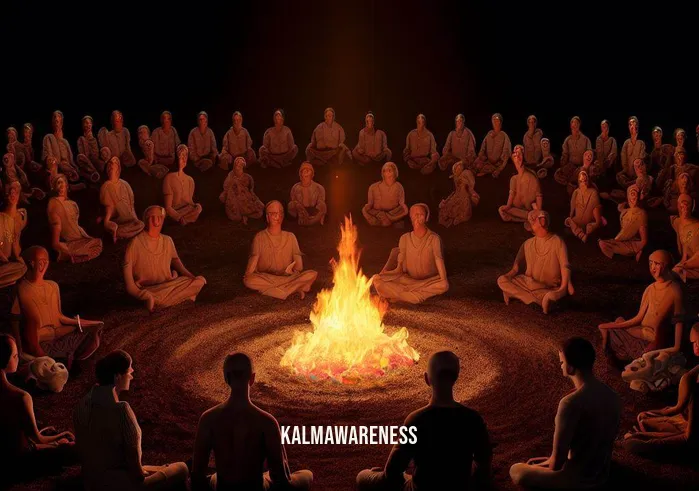 sit around the fire meditation _ Image: A wider shot captures the entire group in profound meditation, their postures erect and their faces composed. The fire has transformed into a bed of glowing embers, mirroring the group