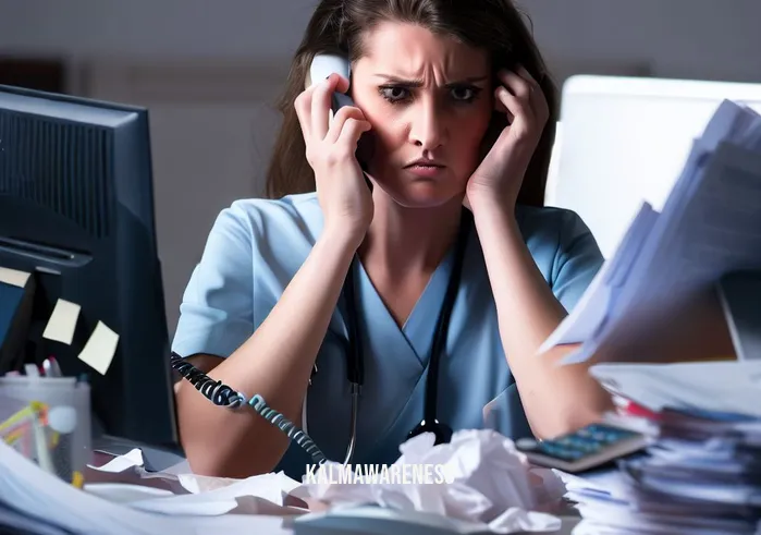 discuss how your professional presence (mindful or distracted) influences your nursing practice _ Image: A nurse sitting at a cluttered desk with paperwork, a computer, and a phone ringing constantly. Image description: A nurse sits at a cluttered desk, surrounded by paperwork and a ringing phone, struggling to stay focused.