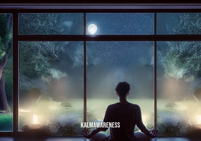 sleep meditation talk down _ Image: A serene meditation room with large windows showcasing a moonlit garden outside. A person sits comfortably, eyes closed, engaged in deep meditation.Image description: In a tranquil meditation room, moonlight pours in through expansive windows, casting a gentle glow. The person sits serenely, cross-legged, their face relaxed as they meditate.