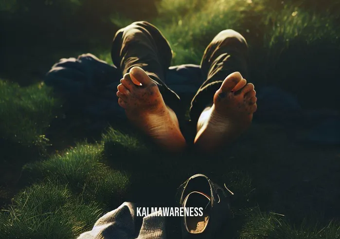 soles of the feet meditation _ Image: A serene setting featuring a person sitting cross-legged on a grassy patch, with their shoes and socks placed beside them. The feet are exposed to the natural surroundings, bathed in warm sunlight.Image description: The person