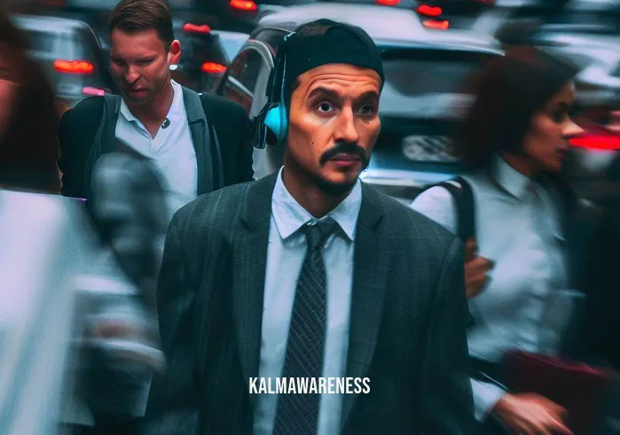 sound waves mindful meditation _ Image: A crowded, noisy urban street during rush hour. People are rushing, cars honking, and the chaos is palpable.Image description: Amidst the urban chaos, people in business attire look stressed and disconnected. Faces show signs of tension, headphones tightly clamped, oblivious to the cacophony around them.
