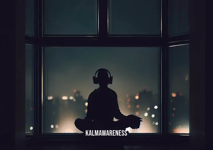 sound waves mindful meditation _ Image: A dimly lit room with tall windows overlooking the city. A person sits on the windowsill, eyes closed, wearing headphones, attempting to meditate amidst the noise.Image description: Inside a dimly lit room, a person finds solace by sitting on a windowsill overlooking the bustling city. Eyes closed, they