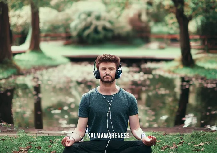sound waves mindful meditation _ Image: A park with a small pond, surrounded by trees. The same person now sits cross-legged on the grass, eyes closed, headphones off, a faint serene smile on their face.Image description: In a serene park setting, the same person sits cross-legged on the grass. Eyes closed, they