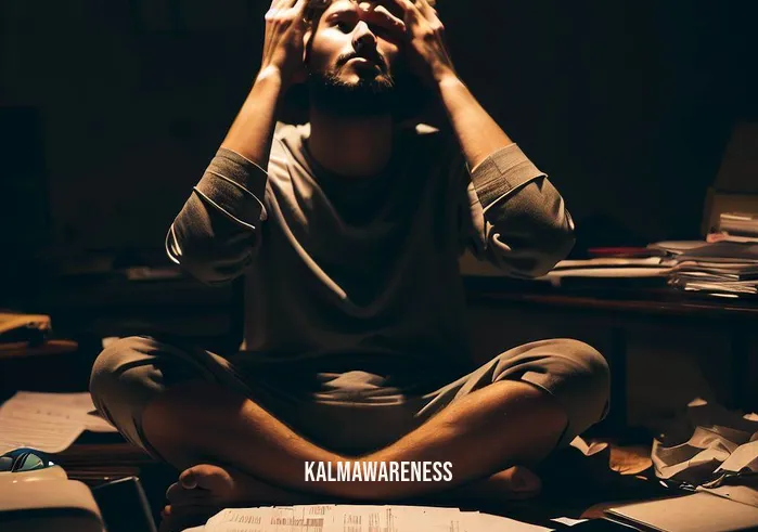 spiritual grounding meditation _ Image: A person sitting cross-legged on a cluttered desk in a dimly lit room, surrounded by scattered papers and electronic devices. Their face is tense, and their hands are holding their head in frustration.Image description: Amidst chaos and distractions, the individual struggles to find a sense of calm. The disarray reflects their inner turmoil, as they seek a way to ground themselves in the midst of a cluttered mind.