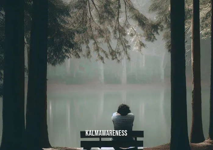 spiritual grounding meditation _ Image: The same person now seated on a park bench, overlooking a serene lake surrounded by tall trees. They have their eyes closed and their hands resting on their knees, taking a deep breath.Image description: Seeking solace in nature