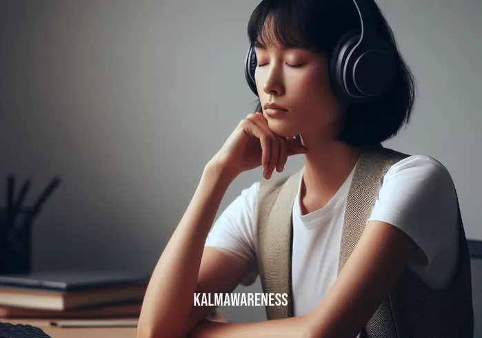 thought watching _ Image: The same person sitting at the desk, now wearing headphones and closing their eyes in deep thought.Image description: The same person sitting at the desk, now wearing headphones and closing their eyes in deep thought.