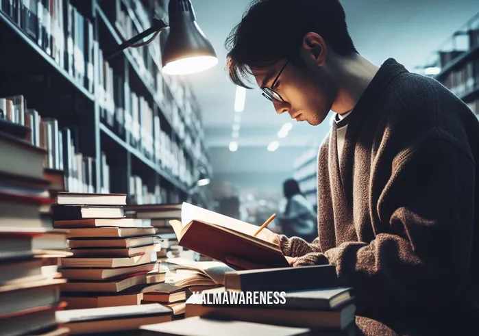thought watching _ Image: The person at a library, surrounded by books, engrossed in reading and taking notes.Image description: The person at a library, surrounded by books, engrossed in reading and taking notes.