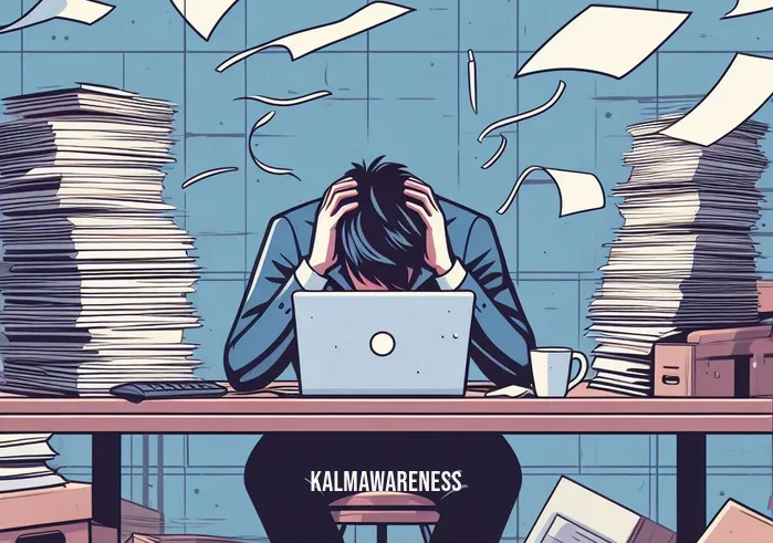 headspace vs balance _ Image: A cluttered desk with a laptop, stacks of papers, and a stressed person hunched over it. Image description: A chaotic workspace filled with work-related stress and overwhelm.