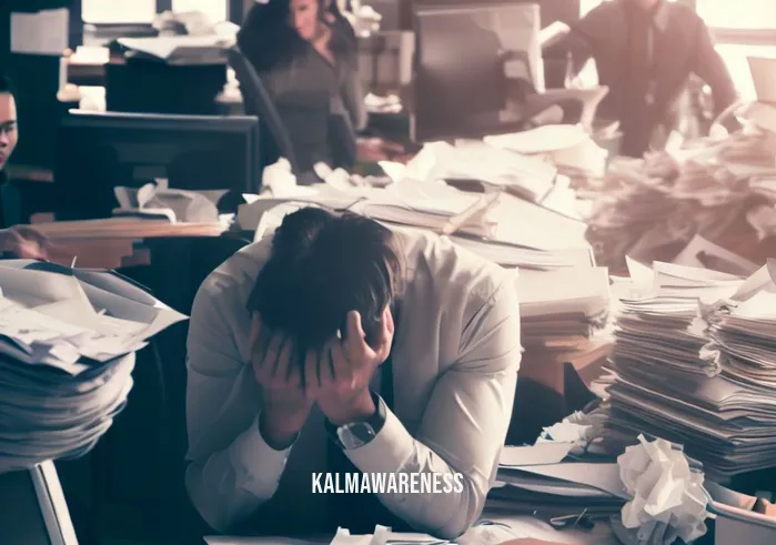 mindfulness room _ Image: A cluttered and chaotic office space with stressed employees hunched over their desks.Image description: The office is in disarray, papers scattered, and people appear tense and overwhelmed.