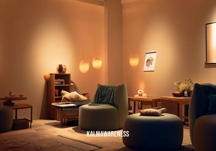 mindfulness room _ Image: A serene and softly lit room with comfortable chairs, calming decor, and soft music playing.Image description: The mindfulness room offers a tranquil escape, with soothing ambiance and cozy seating.