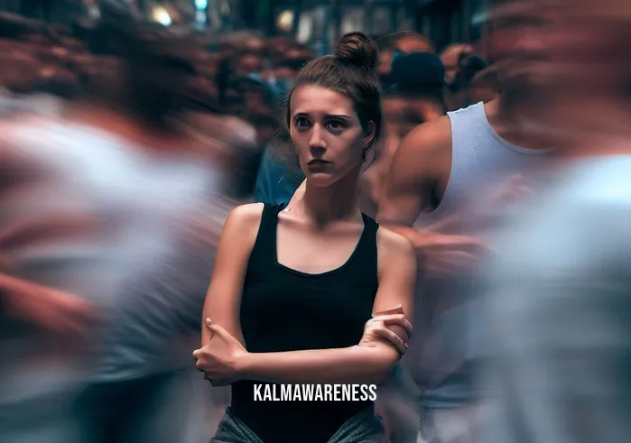 tactical yoga girl _ Image: A crowded and hectic urban street scene with people rushing around, appearing stressed and overwhelmed.Image description: Amidst the chaos of the city, a young woman in workout attire stands out. She looks tense and frazzled, clearly affected by the surrounding hustle and bustle.