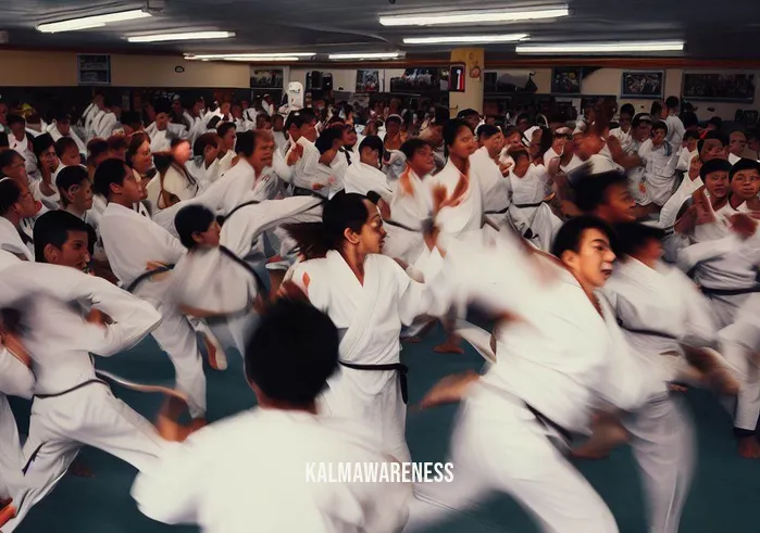 taekwondo meditation _ Image: A crowded and noisy taekwondo dojo filled with students practicing kicks and punches.Image description: In a bustling taekwondo dojo, students clad in white uniforms execute powerful kicks and punches with focused determination. The air is filled with the sounds of shouts, clashing kicks, and the occasional thud of contact.