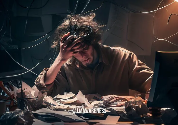 the mindful.movement _ Image: A cluttered desk with scattered papers, tangled wires, and a stressed-looking person hunched over their computer amidst dim lighting.Image description: Chaos reigns in the workspace, with an overwhelming mess of tasks and distractions, embodying the challenges of a scattered mind in the modern world.