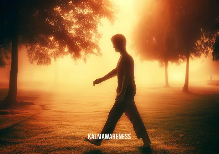 the mindful.movement _ Image: A park scene at sunrise, the person engaging in a mindful walking session, one foot gracefully placed in front of the other.Image description: Nature becomes a canvas for mindfulness as the individual practices the art of walking meditation, each step connecting them more deeply with the present moment.