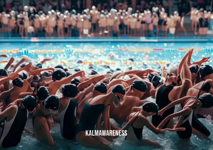 swimming dance move _ Image: A crowded swimming pool with swimmers gathered at the edge. Image description: Swimmers preparing to attempt a new dance move, excitement in the air.