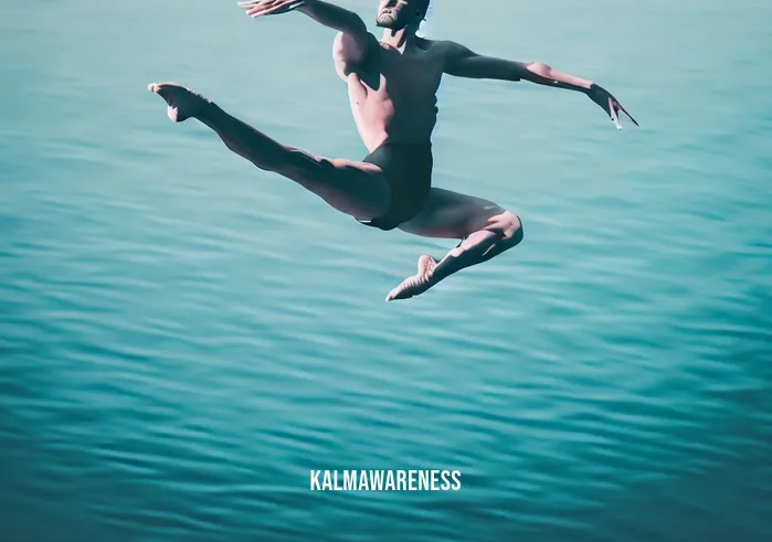 swimming dance move _ Image: A swimmer mid-air, attempting a complex dance move above the water. Image description: The daring dancer suspended in a graceful pose, showcasing their skill.