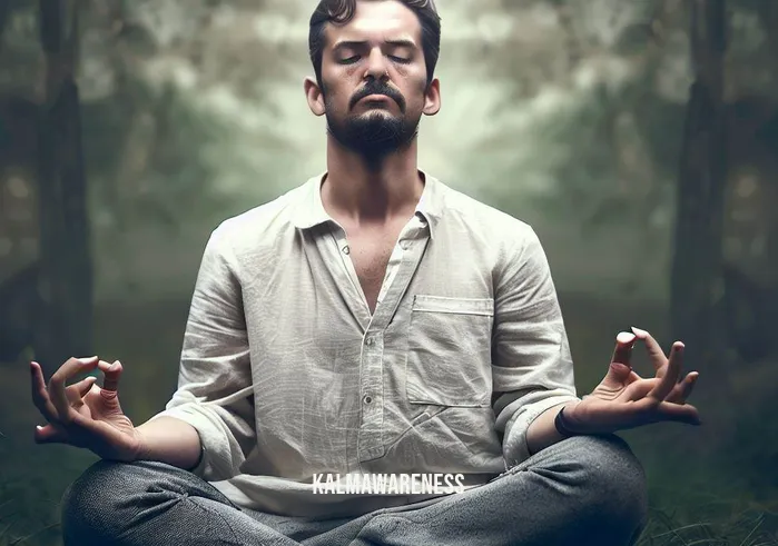 time travel meditation _ Image: The same person, now cross-legged in a serene natural setting, eyes closed and hands forming a meditation mudra, attempting to meditate but with a furrowed brow and distractions still appearing around them.Image description: The scene has shifted entirely. The once-stressed individual now sits cross-legged amidst a peaceful natural backdrop. With closed eyes and a meditative mudra, they attempt to find solace. However, a furrowed brow hints at the residual mental clutter as distractions from their past troubles manifest around them.