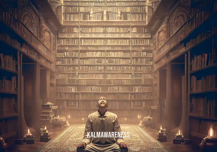 time travel meditation _ Image: The person in a tranquil ancient library, eyes closed and surrounded by books, as if experiencing moments from different eras during meditation.Image description: Transported to an ancient library, the meditator now sits amidst towering shelves of books. With closed eyes and serene composure, they appear to be immersed in an experience that transcends time. This depiction suggests a deeper connection to the past and the wisdom it holds.