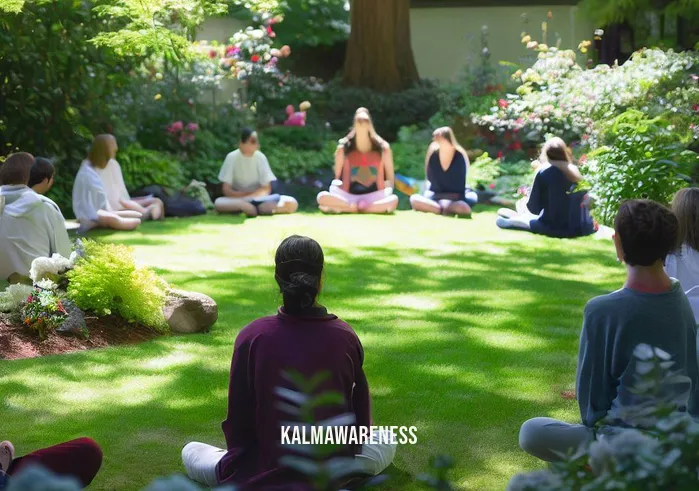 ucla mindfulness awareness research center _ Image: A serene garden on campus, students sitting in a circle, practicing mindfulness, eyes closed, breathing deeply.Image description: Transition to a peaceful scene, students gathered in the garden, engaging in a mindfulness session led by an instructor.