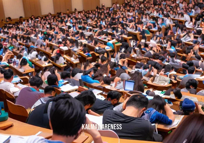 ucla mindfulness class _ Image: A crowded lecture hall with students sitting in rows, hunched over their desks, looking stressed and overwhelmed.Image description: A lecture hall at UCLA filled with students engrossed in their studies, tension evident on their faces as they juggle multiple tasks.