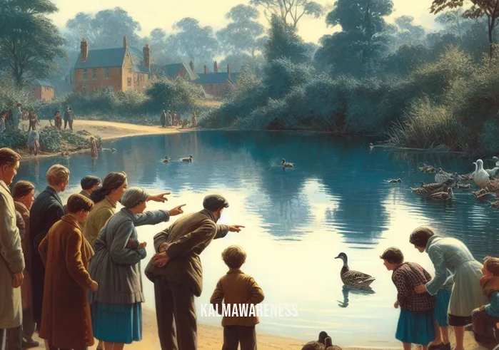 judgemental duck _ Image: A group of people gathered by the pond, pointing at a lone duck. Image description: Onlookers near the pond, curiously pointing at a single duck that seems different from the rest.