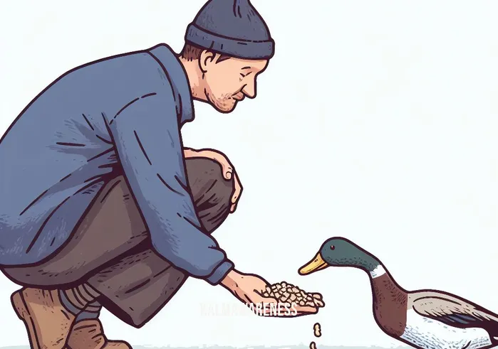 judgemental duck _ Image: A man bending down to feed the singled-out duck, offering breadcrumbs. Image description: A compassionate man crouches to feed the isolated duck, extending a handful of breadcrumbs.
