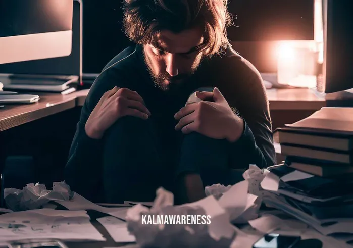 umi meditation tour _ Image: A close-up of a person sitting at a messy desk, surrounded by electronic devices and papers, looking visibly stressed and overwhelmed.Image description: Amid the clutter of a chaotic workspace, a person sits hunched over, surrounded by screens and documents. Stress is palpable, and the need for respite is evident.