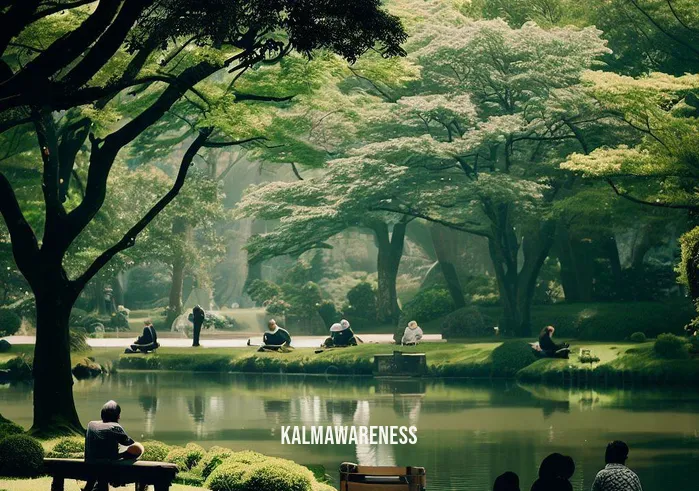 umi meditation tour _ Image: A serene park scene, with a peaceful lake, lush trees, and a few people sitting on benches, eyes closed, in the midst of a meditation session.Image description: Nature envelops a tranquil park where individuals sit on benches, eyes closed in deep meditation. The serenity of the surroundings offers a stark contrast to their previous stress.