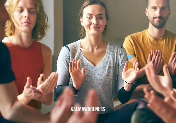 umi meditation tour _ Image: A group yoga and meditation session in progress, with participants sitting in a circle, palms up, displaying focused expressions as they meditate together.Image description: In a harmonious circle, people participate in a group meditation session. Their synchronized posture and serene expressions showcase a newfound sense of inner calm and connection.