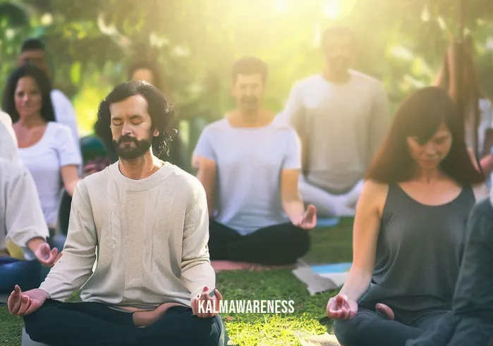 unconditional love meditation _ Image: A group meditation session in a serene park, people sitting in a circle with closed eyes and serene expressions.Image description: People have gathered to meditate, finding a tranquil space amidst nature to cultivate inner peace and compassion.