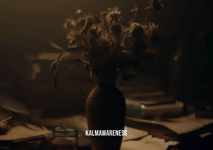 vase breathing tutorial _ Image: [Scene: A cluttered desk with a vase filled with wilted flowers.]Image description: An empty vase sits on a cluttered desk, surrounded by withered flowers. The room is dimly lit, and the atmosphere seems stagnant and lifeless.