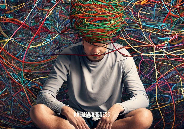 whisper method meditation _ Image A cluttered and chaotic mind, symbolized by a tangled mass of colorful strings, with a person sitting cross-legged in frustration amidst the mental chaos.Image description Amidst the tangle of thoughts, the person