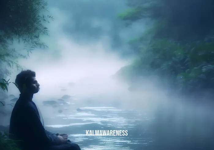 whisper method meditation _ Image A serene natural landscape, a person sitting beside a gently flowing river, looking contemplative but still burdened by lingering thoughts represented by faint mist hanging in the air.Image description Beside the tranquil river, the person