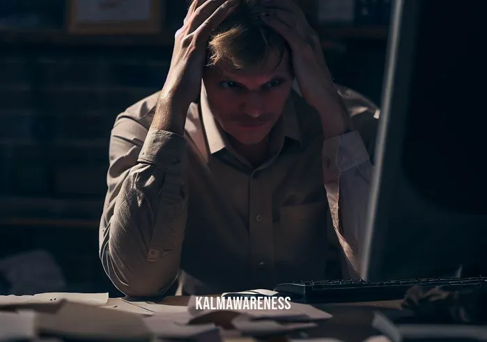 whole body breathing _ Image: A stressed individual sitting at a desk in a cluttered office, hunched over a computer, with a tense expression and shallow breaths.Image description: In a dimly lit office, cluttered with papers and office supplies, a person sits at a desk. Their shoulders are hunched forward, and their gaze is fixed on the computer screen. The lines on their forehead reveal their stress, and their breaths are shallow and rapid.