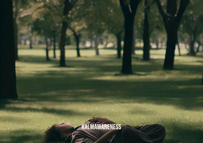 whole body breathing _ Image: A park scene where an individual is lying on the grass, practicing deep breathing with their hands placed on their abdomen, surrounded by trees and nature.Image description: Underneath the shade of tall trees in a peaceful park, an individual lies on the soft grass. They have one hand resting on their chest and the other on their abdomen. With closed eyes, they breathe deeply, their chest and abdomen rising and falling rhythmically with each breath.