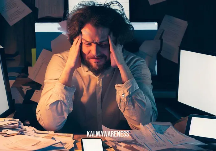 wisemindbody meditation _ Image: A person sitting at their cluttered desk, surrounded by electronic devices and paperwork, looking overwhelmed and frustrated.Image description: Amid the cluttered desk, a person sits with a furrowed brow, surrounded by screens and scattered papers, seemingly trapped in a cycle of digital chaos.